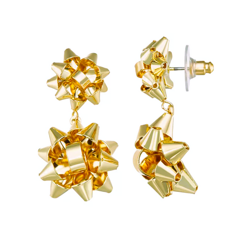 Gold Tone Holiday Gift Bow Double Drop Earrings